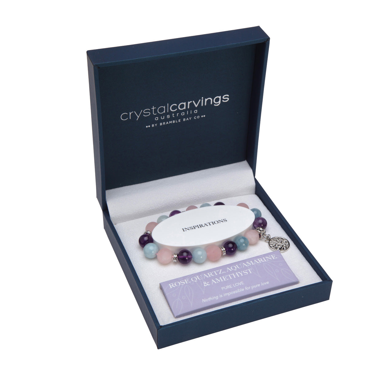 Aquamarine/RoseQ/Amethyst 10mm Tree Of Life Charm Bracelet