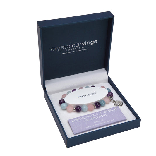 Aquamarine/RoseQ/Amethyst 10mm Tree Of Life Charm Bracelet