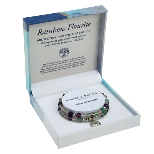 Tree of Life Duo Bracelet Set - Rainbow Fluorite Rhodium